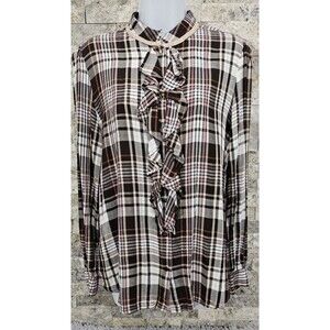 Chico's Ruffled Blouse Brown Plaid Button Up Shirt Size 1 US 8/10 Old Money Prep